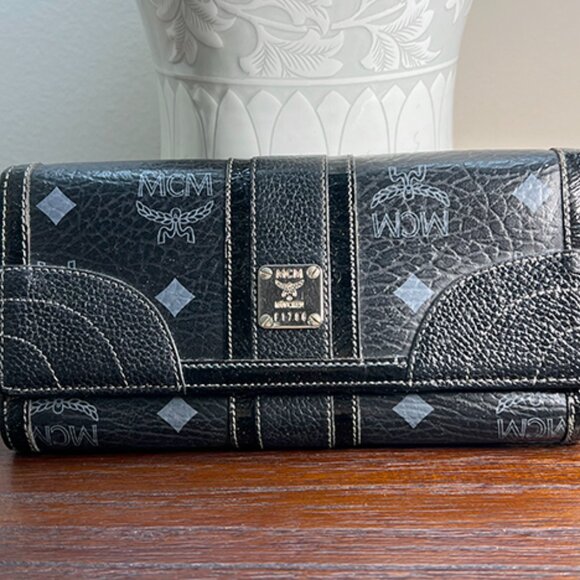 MCM Signature Monogram Black Leather Trifold Wallet - Picture 2 of 10